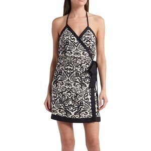 French Connection Black Tan Linen Blend Wrap Halter Mini Dress Size 2 NWT